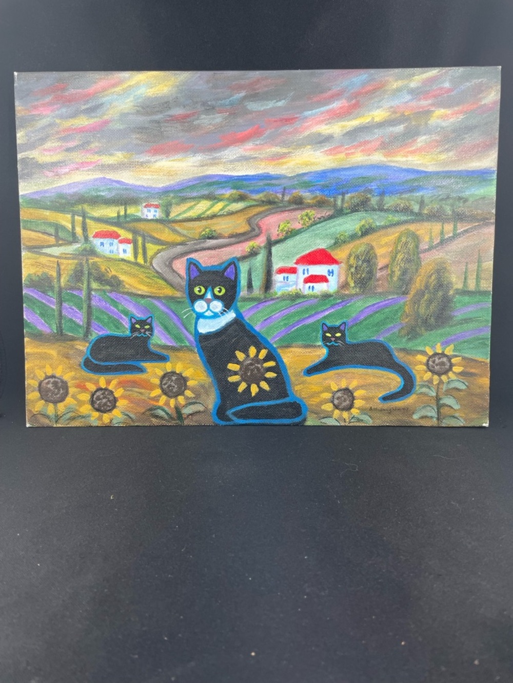 Original Artwork by DM McLaughlin “3 Black Cats in a Tuscany Sunflower Field”